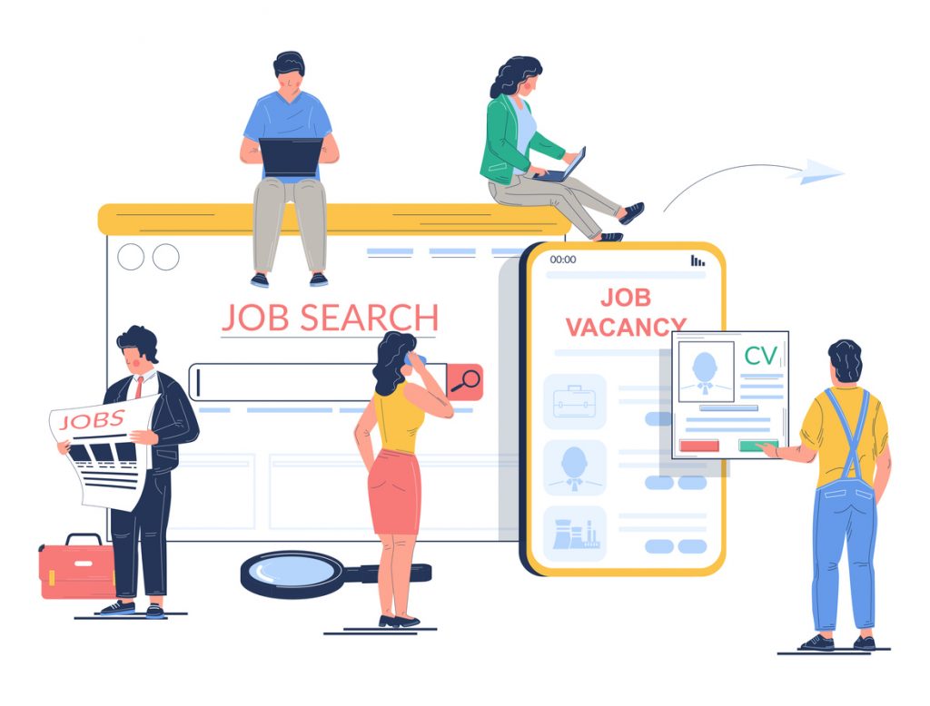 Job search vector concept flat style design illustration. Tiny characters looking for vacancy job using newspaper, laptop, tablet and mobile phone. Human resources, employment, recruitment.