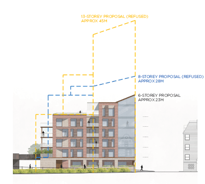 Plan showing comparison of 15 then 8 the  5 to 6 storey buildings proposed in West Street Epsom