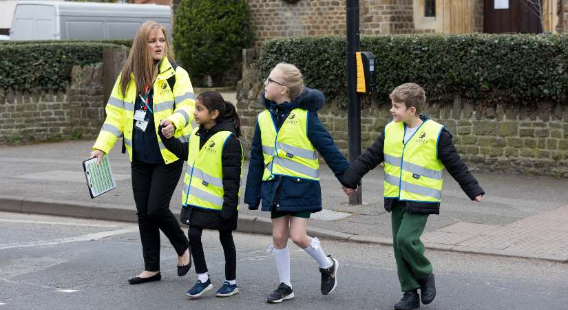 School children walk to school