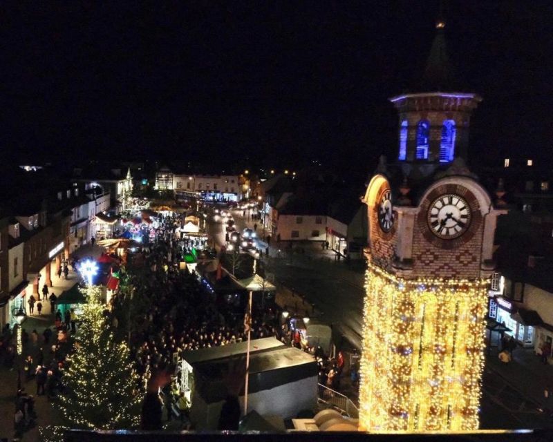 Epsom clock tower and market square at Christmas