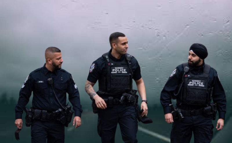 Surrey Police walking away from rain