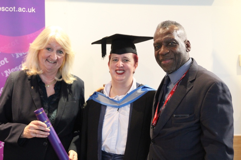 Honorary Fellowship award winners, Dee Mathieson Senior Vice President and Managing Director of Elekta (left) and Daniel Addo, Nescot staff member (right), with Principal and CEO of Nescot, Julie Kapsalis (centre).