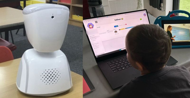 Robot in the classroom. Pupil at home connected.