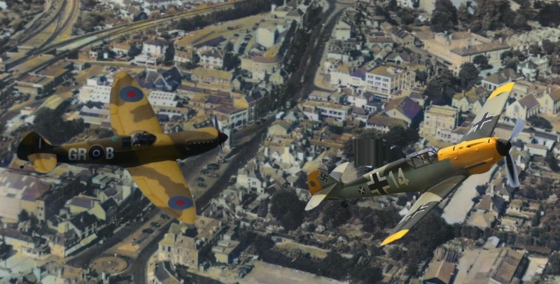 Spitfire chases German plane over Epsom. Mock up.