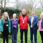 (Centre) The Mayor of Epsom & Ewell, Councillor Rob Geleit at the commemorative tree planting of a silver birch to mark Nescot’s 70th anniversary along with (left to right), Catering student Anna, Principal and CEO of Nescot, Julie Kapsalis, Access to Nursing student, Kirsty and Chair of Nescot Corporation, Chris Muller. Photo credit: Nescot