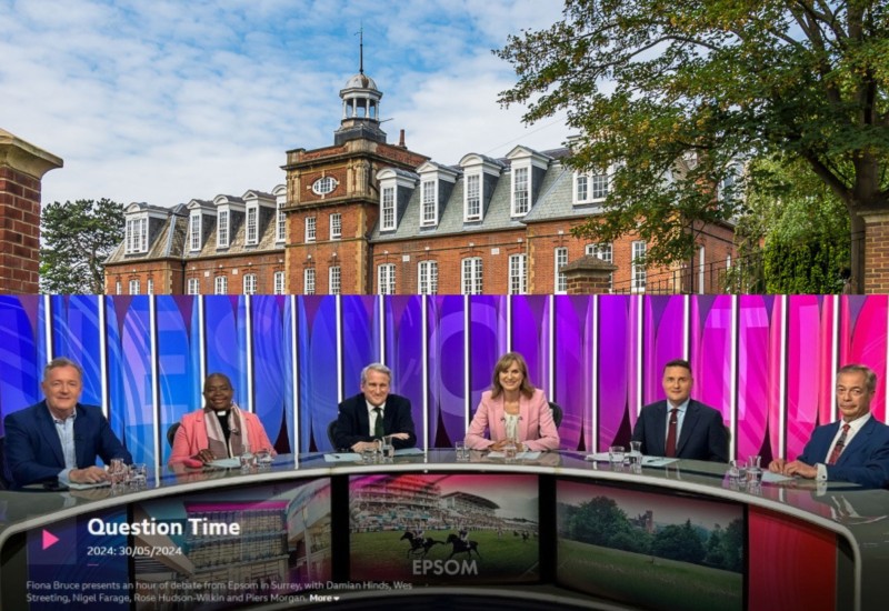 Question Time panel against Epsom College backdrop