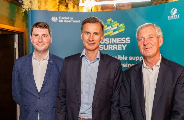 Cllr Matt Furniss, Rt Hon Jeremy Hunt MP and Cllr Tim Oliver at the launch of Business Surrey