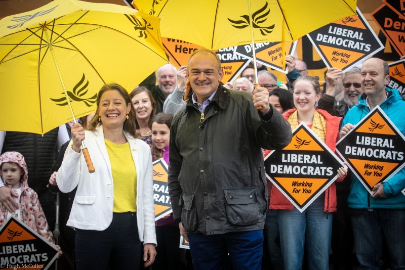Helen Maguire and Sir Ed Davey and LibDem supporters