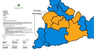 Surrey political map against letter to Thames Water