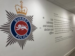 Surrey Police ethics print on wall at Mount Browne HQ. (Credit: Emily Dalton/LDRS)