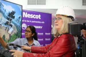 Baroness Jacqui Smith, the Department for Education’s Minister of State for Skills road-testing the vehicle simulator in Nescot’s new immersive learning space.