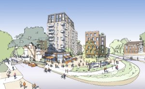 Artistic Impression Of The Arrival Square from North Street, south east corner. (Credit: Mole Valley District Council and Keir Property)