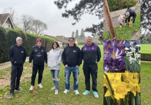 MAIN PHOTO, LEFT TO RIGHT: Wandgas Club Secretary Gary, President Chris, Managers Alison and David, Paul. INSET PHOTOS: volunteer Nicky’s snap of the volunteers in action and examples of the flowers to expect during Spring 2025