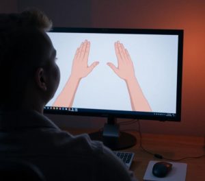 Person looking at hands on computer screen