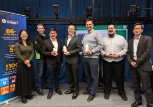 From left to right: Dr Hui Luo and Professor Robert Dorey (University of Surrey's School of Engineering); Professor Joseph Keddie (University of Surrey's School of Mathematics and Physics); Scott Winston, CEO at Pulpex; Barrie Harvey, COO at Pulpex; Dr Simon Hadfield (University of Surrey's Centre for Vision, Speech and Signal Processing); Professor Charley Wu (University of Surrey's School of Chemistry and Chemical Engineering).