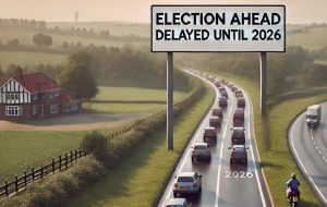 Cars driving under election delay sign
