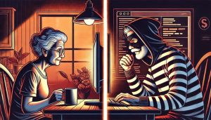 Old lady at home computer. Criminal at another computer.
