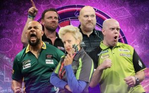 Julie Kapsalis and Andy Cowan from Nescot alongside Devon Petersen, Michael Van Gerwen and Paul Nicholson