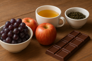 Chocolate, apples, grapes and tea