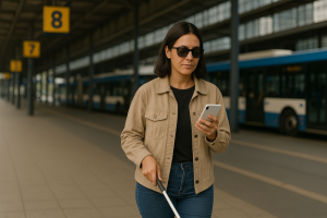Blind lady with smartphone in bus station