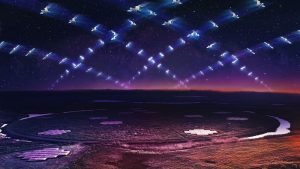 Artist’s impression of a large satellite constellation in low Earth orbit circling above the LOFAR telescope
