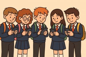 cartoon schoolchildren with smartphones