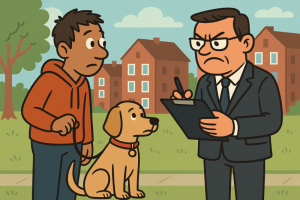 Cartoon dog owner facing council official