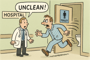 Man rushing out of hospital toilet unwashed
