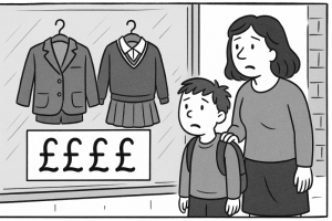 Mother and child looking daunted at price of school uniforms in shop window.