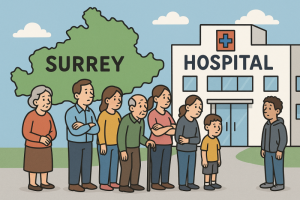 Cartoon queue outside a Surrey hospital