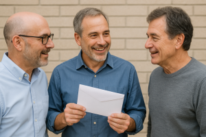Three men with ne holding an envelope with good news.