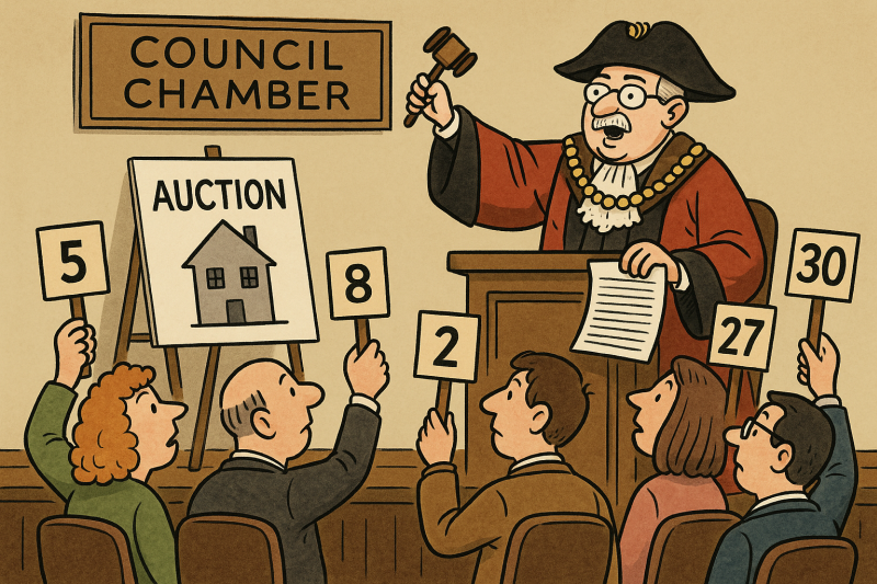 Cartoon of a mayor as auctioneer