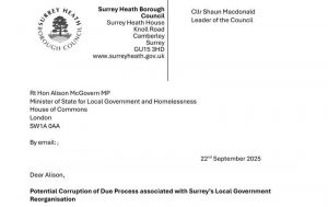 Letter from Surrey Heath to minister