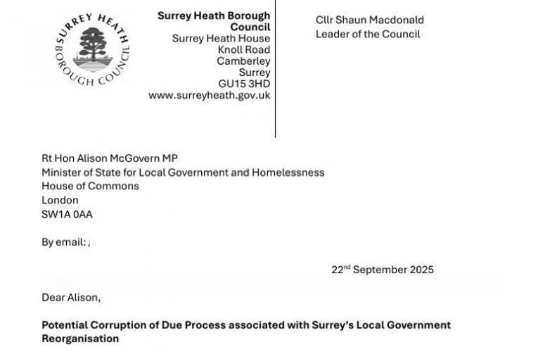 Letter from Surrey Heath to minister