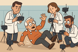 Elderly man falling over while observed