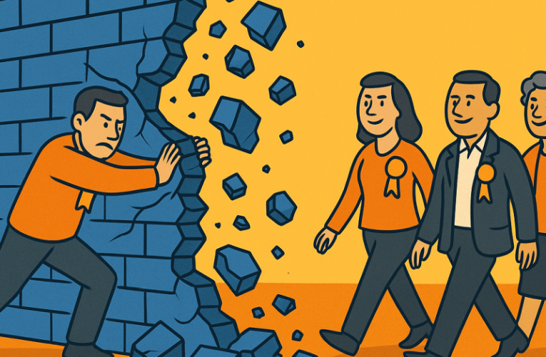 Cartoon LibDems pushing through blue wall