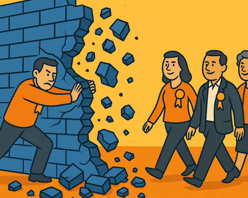 Cartoon LibDems pushing through blue wall