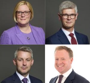 clockwise from top left): Zöe Franklin (Guildford, Liberal Democrat); Dr Al Pinkerton (Surrey Heath, Liberal Democrat); Greg Stafford (Farnham and Bordon, Conservative); Will Forster (Woking, Liberal Democrat).