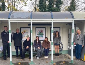 (left to right): Tudor Evans, Ewell East Station Manager; Alistair McGeachey, The Arts Society Epsom Chairman; Nescot Art and Digital Design L3 students, Jess, Emma, Sarah, Cate, and Angie Child, Art@theStation Project Lead.