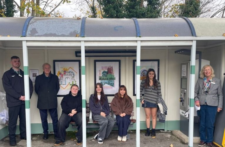 (left to right): Tudor Evans, Ewell East Station Manager; Alistair McGeachey, The Arts Society Epsom Chairman; Nescot Art and Digital Design L3 students, Jess, Emma, Sarah, Cate, and Angie Child, Art@theStation Project Lead.