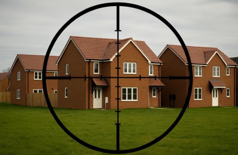 New houses in green field under the cross hairs