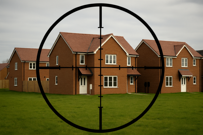 New houses in green field under the cross hairs