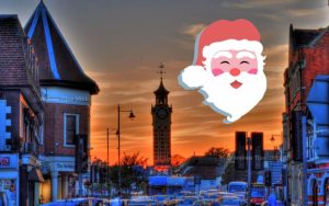 Santa Claus in sky around Epsom Clocktower
