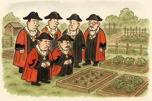 Cartoon of councillors surrounding a plot on an allotment