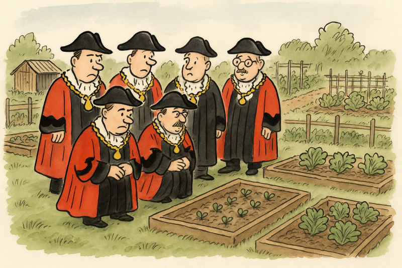 Cartoon of councillors surrounding a plot on an allotment