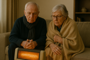 Couple huddled by single bar fire while under blankets