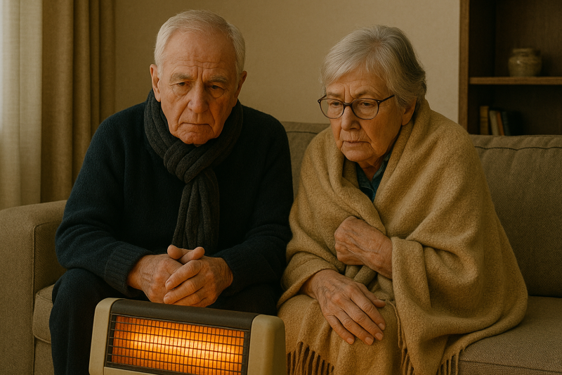 Couple huddled by single bar fire while under blankets