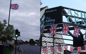 Lamppost raised union flag in Ruxley Lane and union flags at Ashley Centre