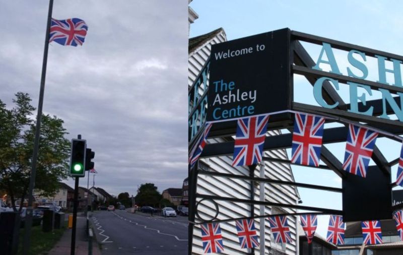 Lamppost raised union flag in Ruxley Lane and union flags at Ashley Centre