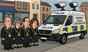 Cartoon councillors protesting against police camera van